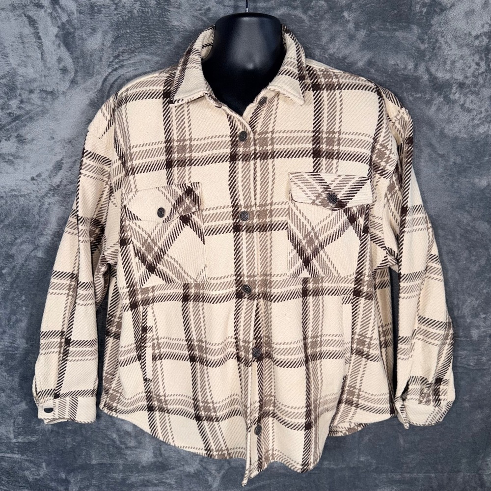 RSQ Womens Shacket Shirt Jacket XL Tan Brown Plaid Heavy Flannel Long Sleeve